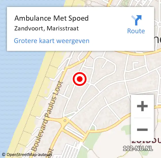 Locatie op kaart van de 112 melding: Ambulance Met Spoed Naar Zandvoort, Marisstraat op 12 oktober 2021 22:05