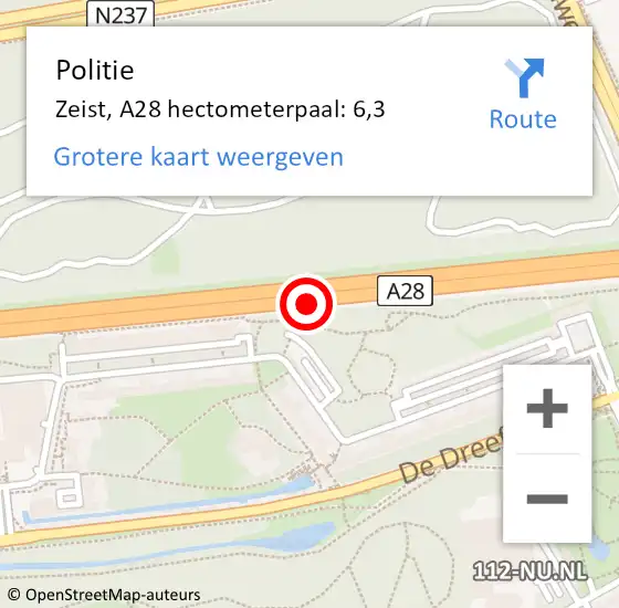 Locatie op kaart van de 112 melding: Politie Zeist, A28 hectometerpaal: 6,3 op 12 oktober 2021 23:26