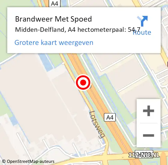 Locatie op kaart van de 112 melding: Brandweer Met Spoed Naar Midden-Delfland, A4 hectometerpaal: 54,7 op 13 oktober 2021 07:54