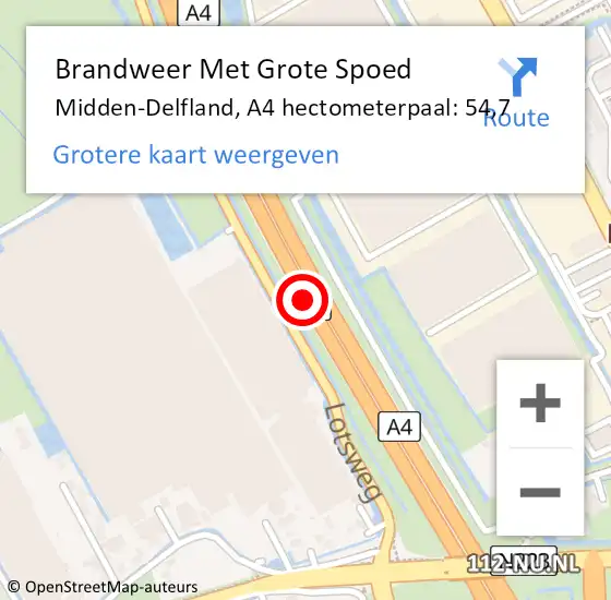 Locatie op kaart van de 112 melding: Brandweer Met Grote Spoed Naar Midden-Delfland, A4 hectometerpaal: 54,7 op 13 oktober 2021 07:54