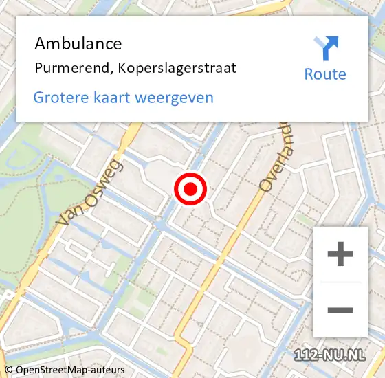 Locatie op kaart van de 112 melding: Ambulance Purmerend, Koperslagerstraat op 13 oktober 2021 10:56