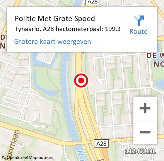 Locatie op kaart van de 112 melding: Politie Met Grote Spoed Naar Tynaarlo, A28 hectometerpaal: 199,3 op 13 oktober 2021 11:13