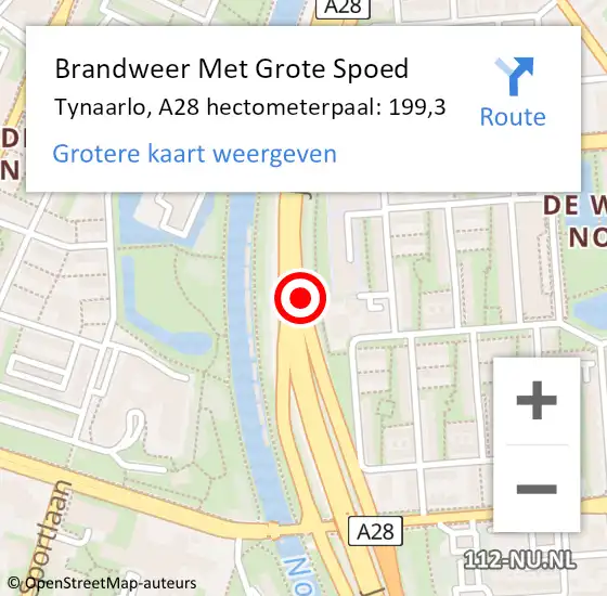 Locatie op kaart van de 112 melding: Brandweer Met Grote Spoed Naar Tynaarlo, A28 hectometerpaal: 199,3 op 13 oktober 2021 11:13