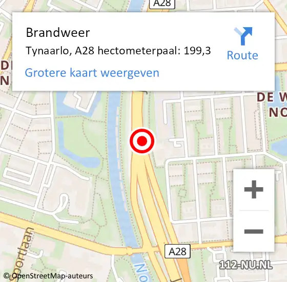 Locatie op kaart van de 112 melding: Brandweer Tynaarlo, A28 hectometerpaal: 199,3 op 13 oktober 2021 11:14