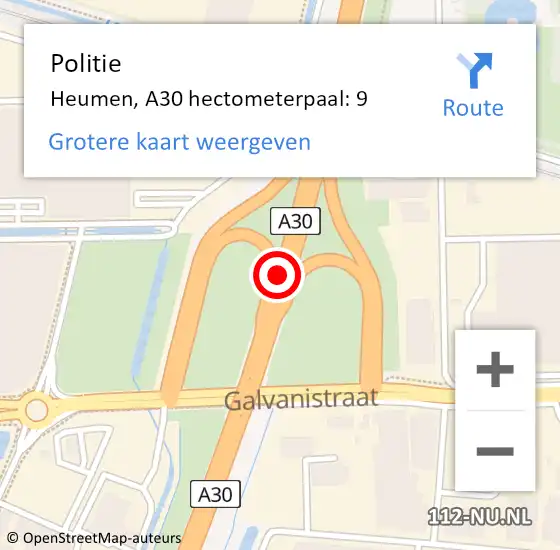 Locatie op kaart van de 112 melding: Politie Heumen, A30 hectometerpaal: 9 op 13 oktober 2021 12:02