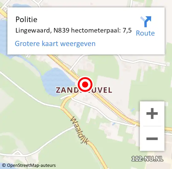 Locatie op kaart van de 112 melding: Politie Lingewaard, N839 hectometerpaal: 7,5 op 13 oktober 2021 14:17