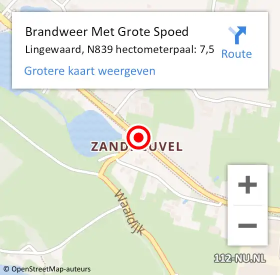 Locatie op kaart van de 112 melding: Brandweer Met Grote Spoed Naar Lingewaard, N839 hectometerpaal: 7,5 op 13 oktober 2021 14:20