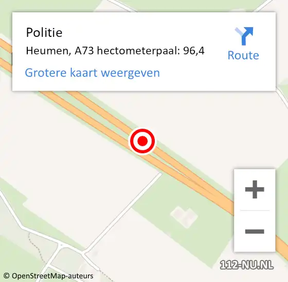 Locatie op kaart van de 112 melding: Politie Heumen, A73 hectometerpaal: 96,4 op 13 oktober 2021 14:42