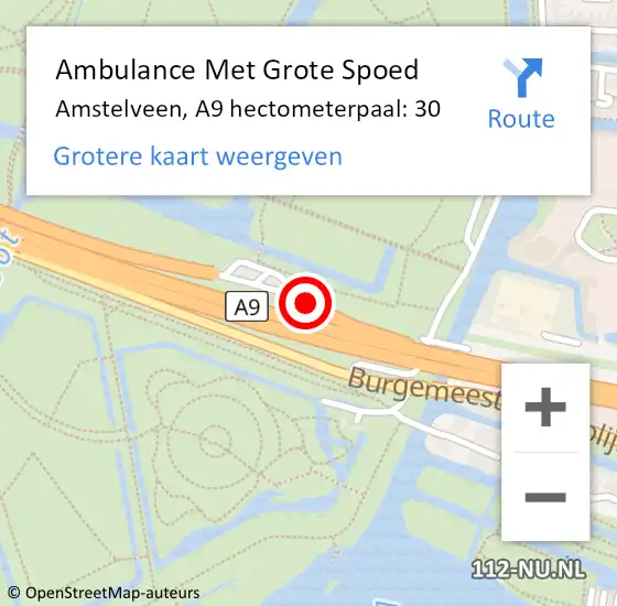 Locatie op kaart van de 112 melding: Ambulance Met Grote Spoed Naar Amstelveen, A9 hectometerpaal: 30 op 13 oktober 2021 15:52