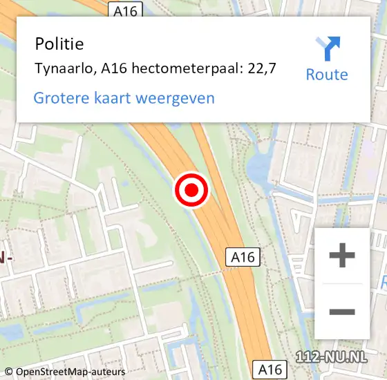 Locatie op kaart van de 112 melding: Politie Tynaarlo, A16 hectometerpaal: 22,7 op 13 oktober 2021 16:05