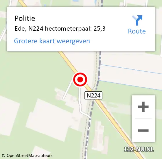 Locatie op kaart van de 112 melding: Politie Ede, N224 hectometerpaal: 25,3 op 13 oktober 2021 16:16