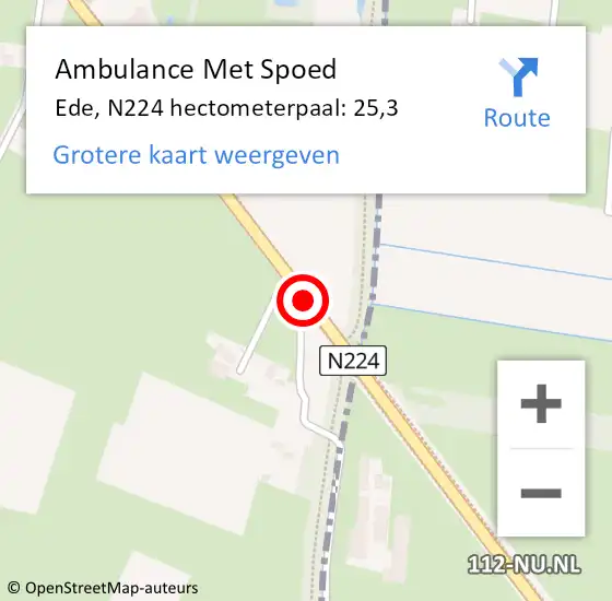 Locatie op kaart van de 112 melding: Ambulance Met Spoed Naar Ede, N224 hectometerpaal: 25,3 op 13 oktober 2021 16:18