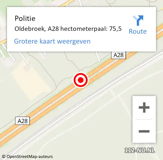 Locatie op kaart van de 112 melding: Politie Oldebroek, A28 hectometerpaal: 75,5 op 13 oktober 2021 22:33