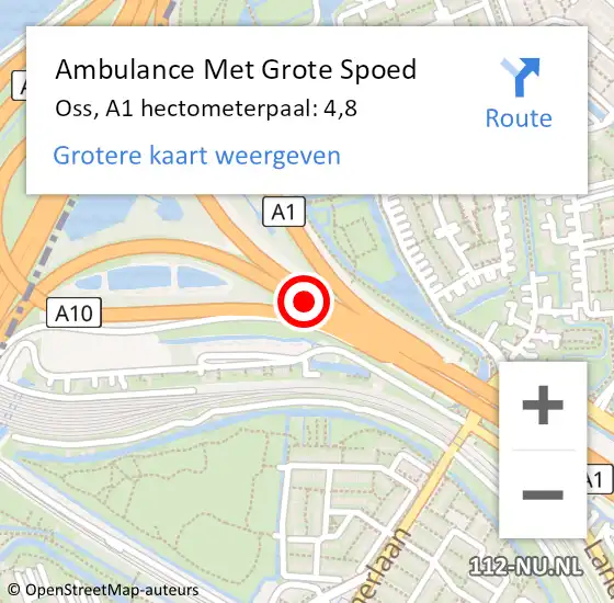 Locatie op kaart van de 112 melding: Ambulance Met Grote Spoed Naar Oss, A1 hectometerpaal: 4,8 op 14 oktober 2021 06:14