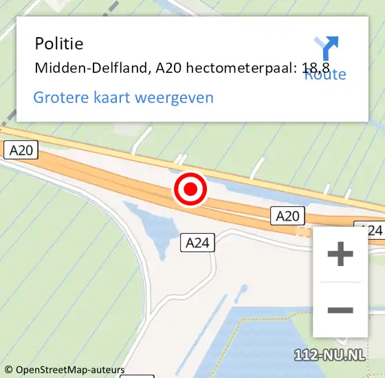 Locatie op kaart van de 112 melding: Politie Midden-Delfland, A20 hectometerpaal: 18,8 op 14 oktober 2021 07:00