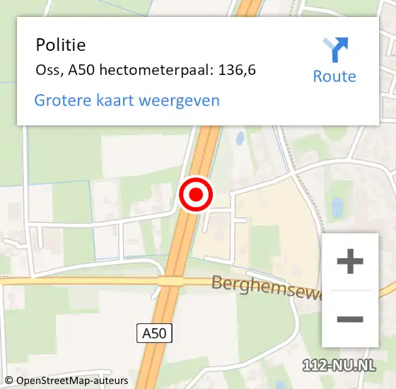 Locatie op kaart van de 112 melding: Politie Oss, A50 hectometerpaal: 136,6 op 14 oktober 2021 07:30