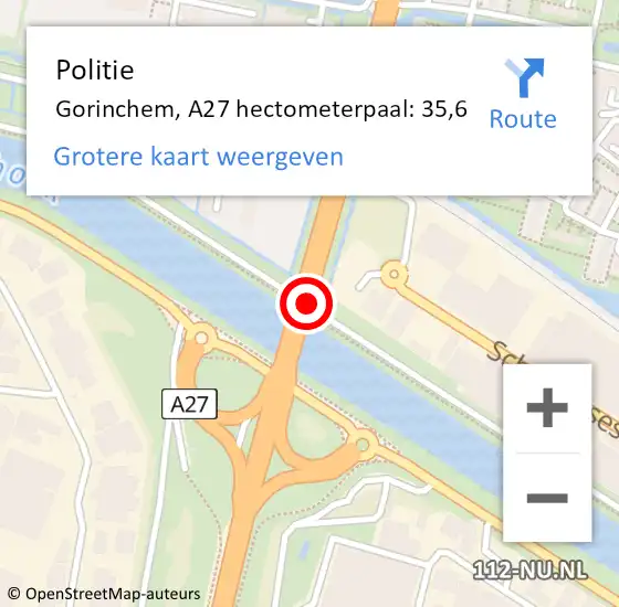 Locatie op kaart van de 112 melding: Politie Gorinchem, A27 hectometerpaal: 35,6 op 14 oktober 2021 09:20