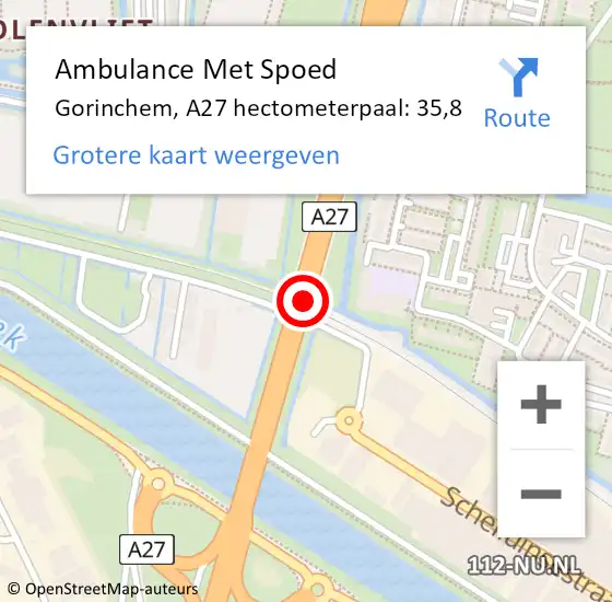Locatie op kaart van de 112 melding: Ambulance Met Spoed Naar Gorinchem, A27 hectometerpaal: 35,8 op 14 oktober 2021 09:21