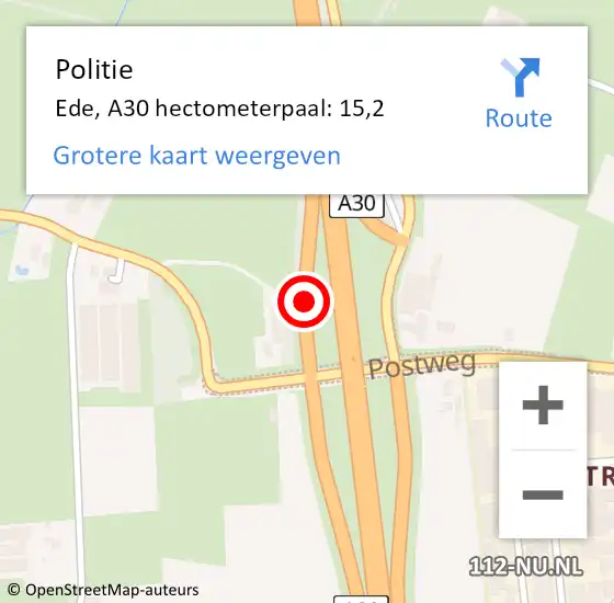 Locatie op kaart van de 112 melding: Politie Ede, A30 hectometerpaal: 15,2 op 14 oktober 2021 09:24
