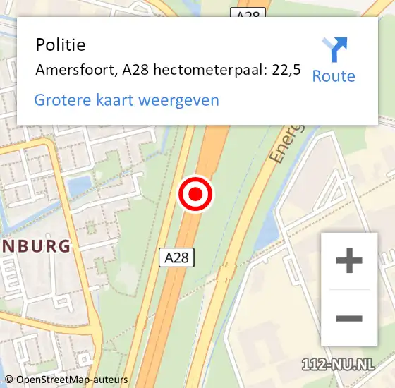 Locatie op kaart van de 112 melding: Politie Amersfoort, A28 hectometerpaal: 22,5 op 14 oktober 2021 12:13