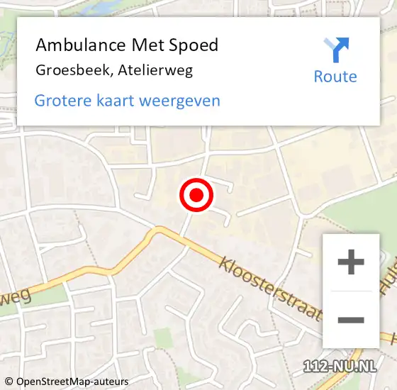 Locatie op kaart van de 112 melding: Ambulance Met Spoed Naar Groesbeek, Atelierweg op 14 oktober 2021 13:52