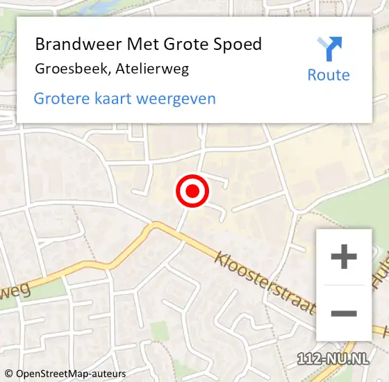 Locatie op kaart van de 112 melding: Brandweer Met Grote Spoed Naar Groesbeek, Atelierweg op 14 oktober 2021 13:56