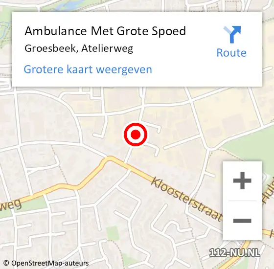 Locatie op kaart van de 112 melding: Ambulance Met Grote Spoed Naar Groesbeek, Atelierweg op 14 oktober 2021 13:57