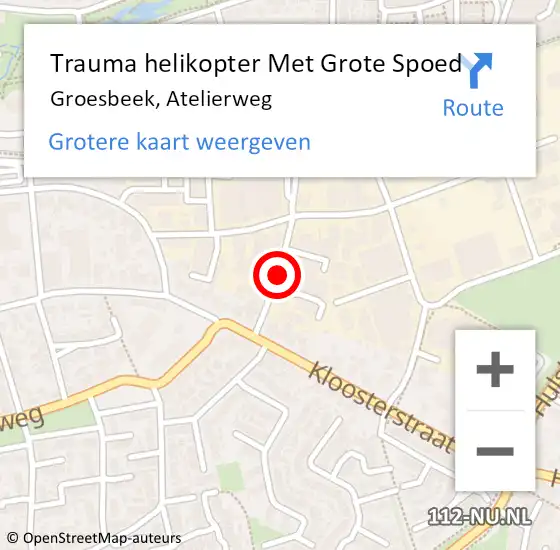 Locatie op kaart van de 112 melding: Trauma helikopter Met Grote Spoed Naar Groesbeek, Atelierweg op 14 oktober 2021 14:24