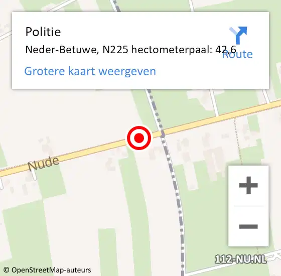 Locatie op kaart van de 112 melding: Politie Neder-Betuwe, N225 hectometerpaal: 42,6 op 14 oktober 2021 14:27