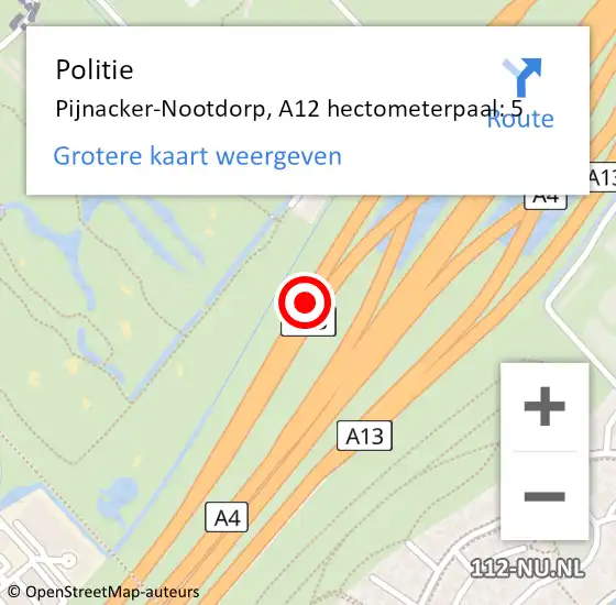 Locatie op kaart van de 112 melding: Politie Den Haag, A12 hectometerpaal: 5 op 14 oktober 2021 14:31