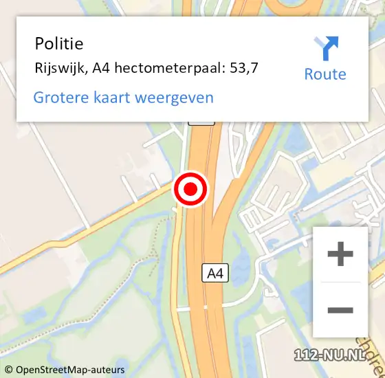 Locatie op kaart van de 112 melding: Politie Rijswijk, A4 hectometerpaal: 53,7 op 14 oktober 2021 14:48
