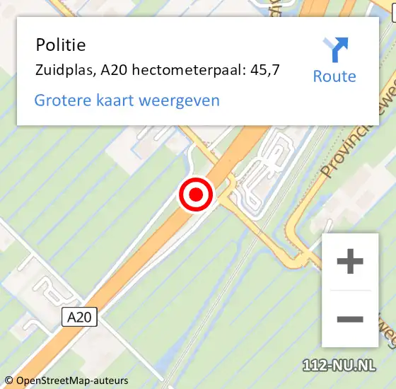 Locatie op kaart van de 112 melding: Politie Zuidplas, A20 hectometerpaal: 45,7 op 14 oktober 2021 15:03