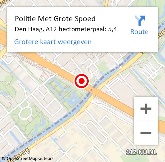 Locatie op kaart van de 112 melding: Politie Met Grote Spoed Naar Den Haag, A12 hectometerpaal: 5,4 op 14 oktober 2021 15:18