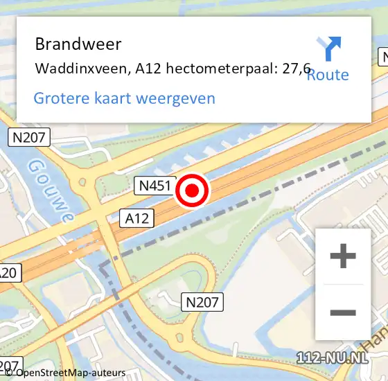 Locatie op kaart van de 112 melding: Brandweer Waddinxveen, A12 hectometerpaal: 27,6 op 14 oktober 2021 15:45