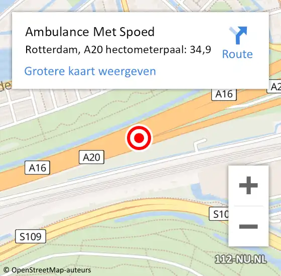 Locatie op kaart van de 112 melding: Ambulance Met Spoed Naar Rotterdam, A20 hectometerpaal: 34,9 op 14 oktober 2021 15:46