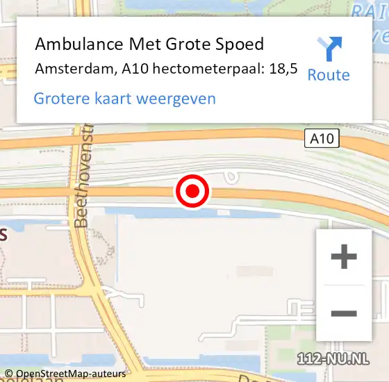 Locatie op kaart van de 112 melding: Ambulance Met Grote Spoed Naar Amsterdam, A10 hectometerpaal: 18,5 op 14 oktober 2021 16:57