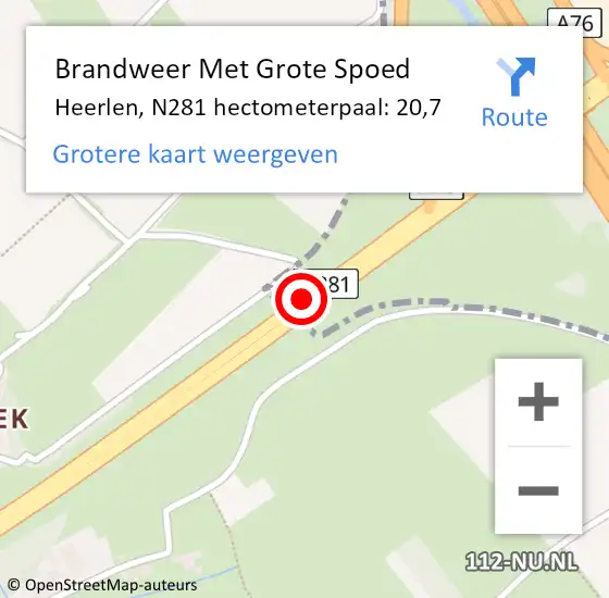 Locatie op kaart van de 112 melding: Brandweer Met Grote Spoed Naar Heerlen, N281 hectometerpaal: 20,7 op 14 oktober 2021 17:48