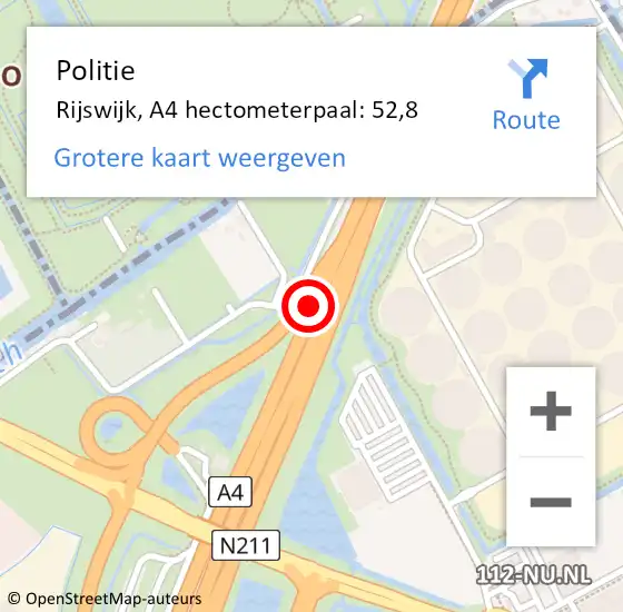 Locatie op kaart van de 112 melding: Politie Rijswijk, A4 hectometerpaal: 52,8 op 14 oktober 2021 20:00