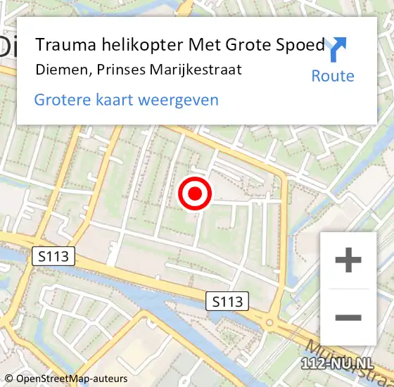 Locatie op kaart van de 112 melding: Trauma helikopter Met Grote Spoed Naar Diemen, Prinses Marijkestraat op 14 oktober 2021 20:15