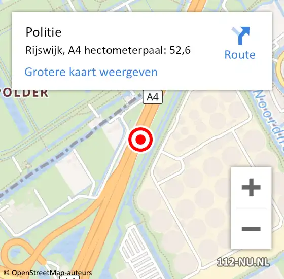 Locatie op kaart van de 112 melding: Politie Rijswijk, A4 hectometerpaal: 52,6 op 14 oktober 2021 22:17