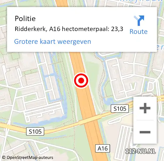 Locatie op kaart van de 112 melding: Politie Tynaarlo, A16 hectometerpaal: 23,3 op 14 oktober 2021 22:43