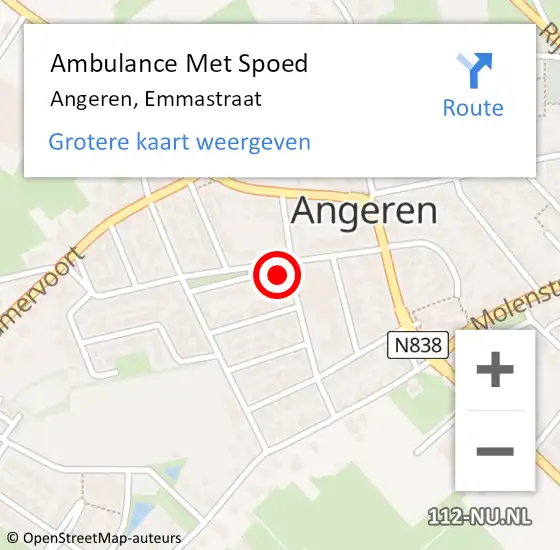 Locatie op kaart van de 112 melding: Ambulance Met Spoed Naar Angeren, Emmastraat op 15 oktober 2021 03:36