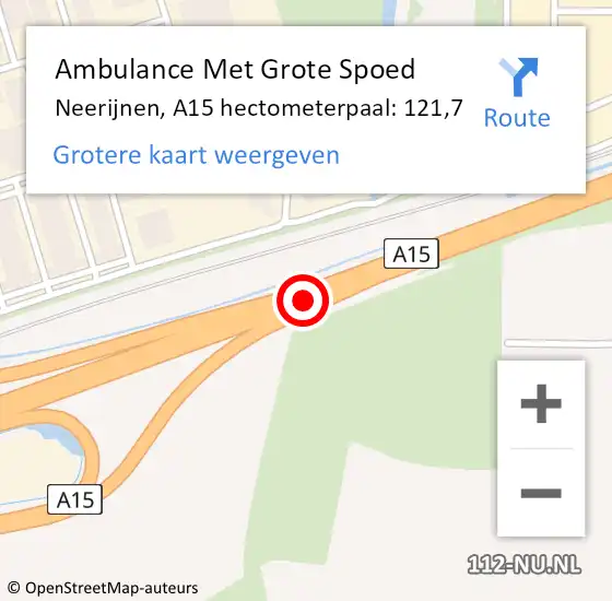 Locatie op kaart van de 112 melding: Ambulance Met Grote Spoed Naar Neerijnen, A15 hectometerpaal: 121,7 op 15 oktober 2021 05:29