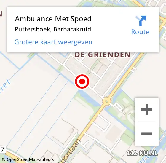 Locatie op kaart van de 112 melding: Ambulance Met Spoed Naar Puttershoek, Barbarakruid op 15 oktober 2021 06:09