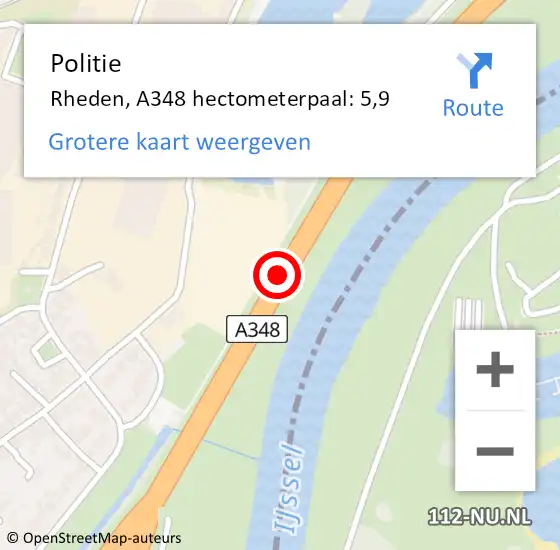 Locatie op kaart van de 112 melding: Politie Rheden, A348 hectometerpaal: 5,9 op 15 oktober 2021 06:17