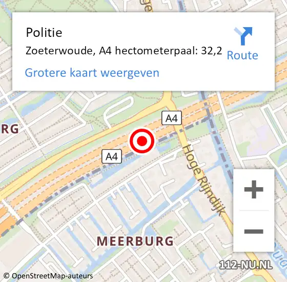 Locatie op kaart van de 112 melding: Politie Zoeterwoude, A4 hectometerpaal: 32,2 op 15 oktober 2021 06:57