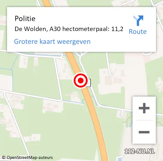 Locatie op kaart van de 112 melding: Politie De Wolden, A30 hectometerpaal: 11,2 op 15 oktober 2021 07:12