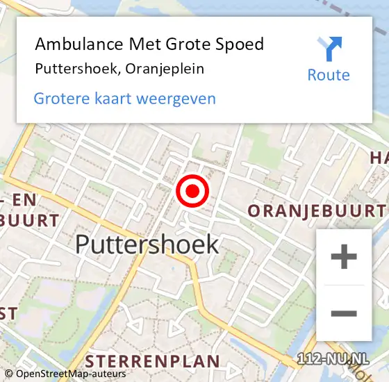 Locatie op kaart van de 112 melding: Ambulance Met Grote Spoed Naar Puttershoek, Oranjeplein op 15 oktober 2021 07:57