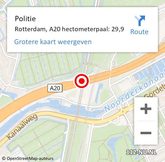 Locatie op kaart van de 112 melding: Politie Rotterdam, A20 hectometerpaal: 29,9 op 15 oktober 2021 08:53
