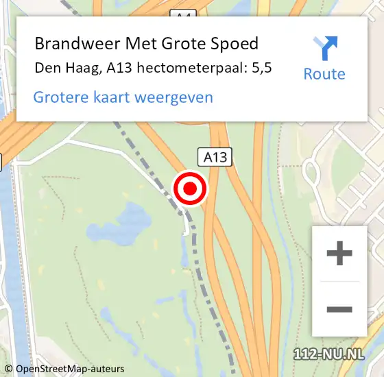 Locatie op kaart van de 112 melding: Brandweer Met Grote Spoed Naar Den Haag, A13 hectometerpaal: 5,5 op 15 oktober 2021 09:04